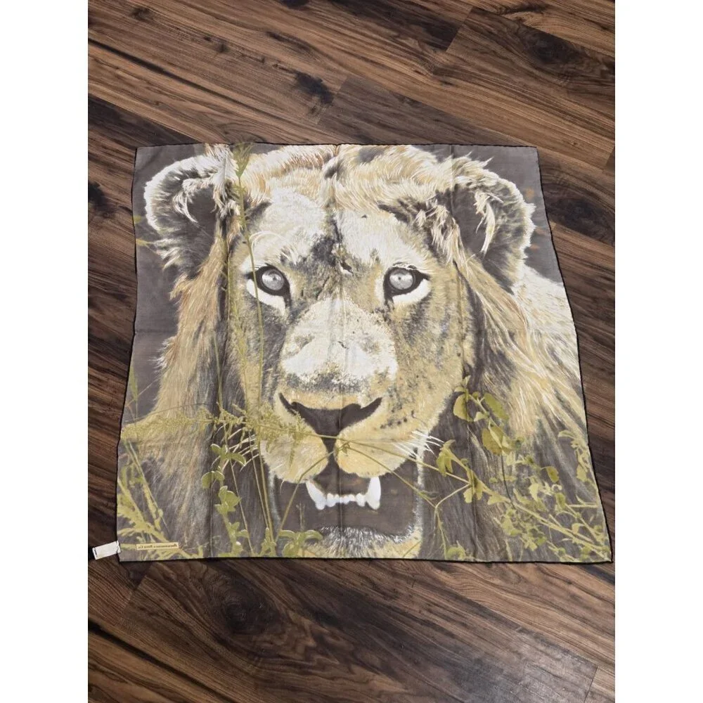 Vtg Abercrombie & Fitch Silk Scarf Lion Safari Print Made in France 33.5x32”
